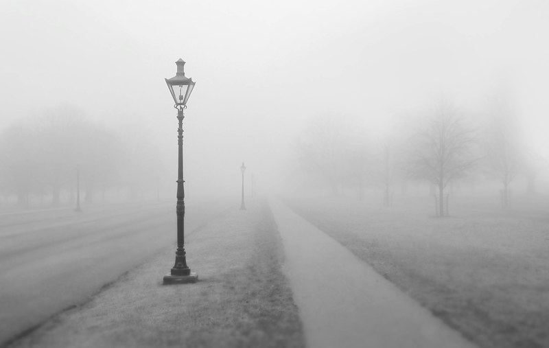 foggy view of a walking path and streetlight in the winter, winter walkway 4k