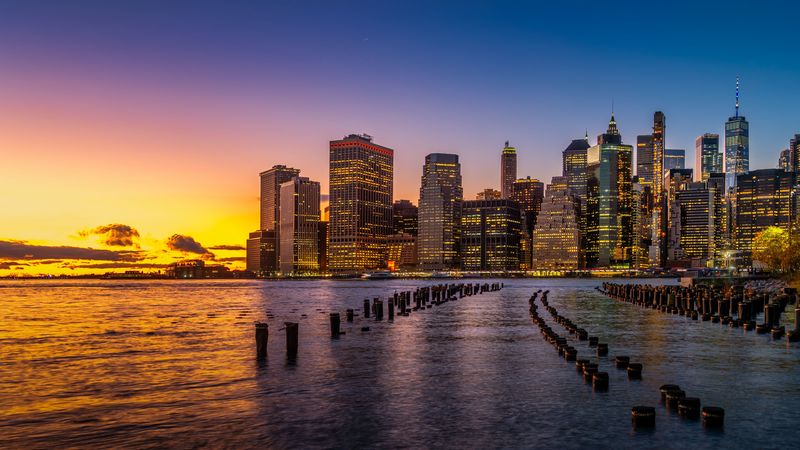 city, river, evening, lights, 4k