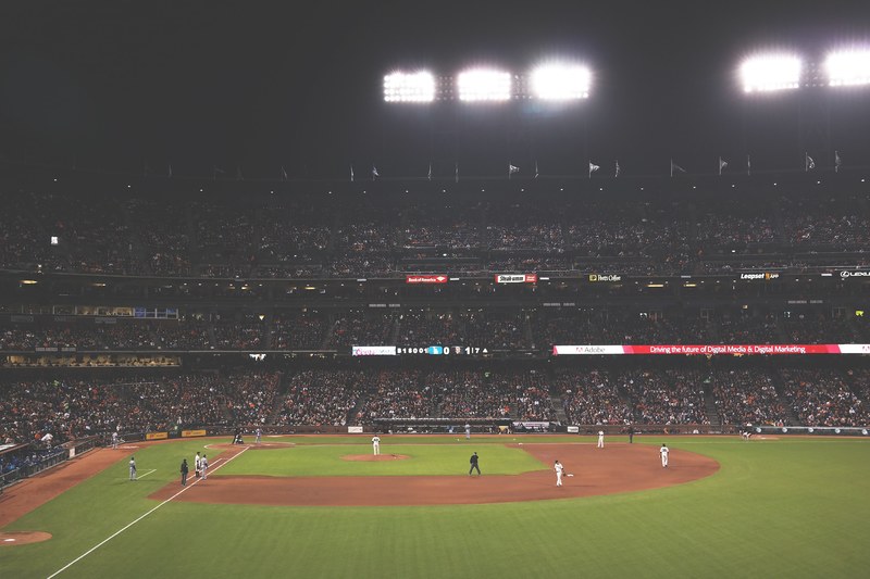 a far back look at two teams playing baseball at atampt park in san francisco, san francisco giants game 4k