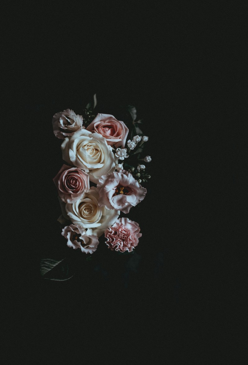 a dark photo of a flower arrangement consisting of pink and white roses, dark florals 4k