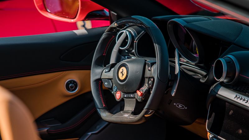 ferrari, salon, sports car, steering wheel, 4k