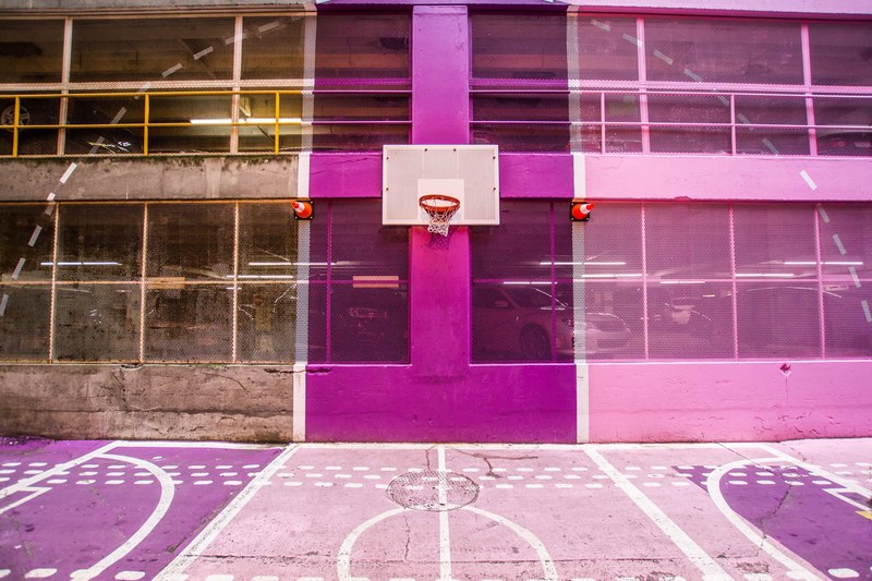 a colorful pink and purple outdoor basketball court, colorful basketball 4k