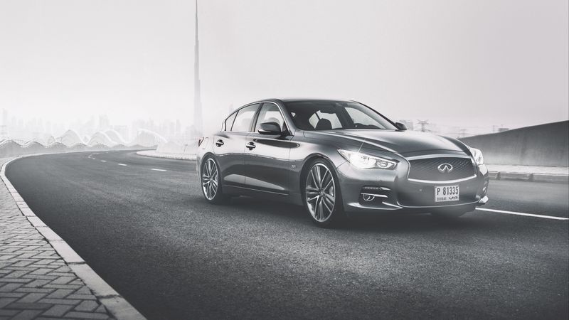 infiniti q50, side view, bw, 4k