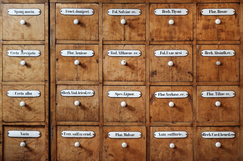 pharmacy medical herbs in old drawers 4k