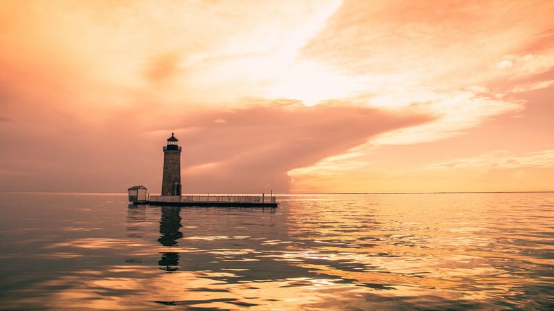lighthouse, building, architecture, sunset, sea, 4k