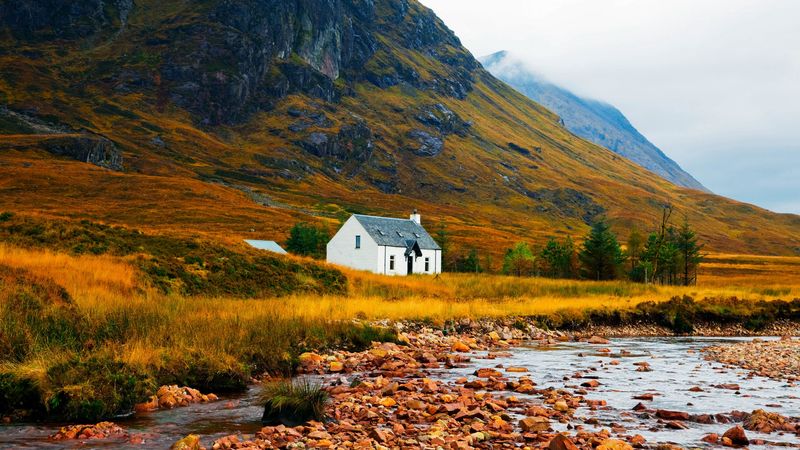house, lake, stones, grass, mountains, 4k