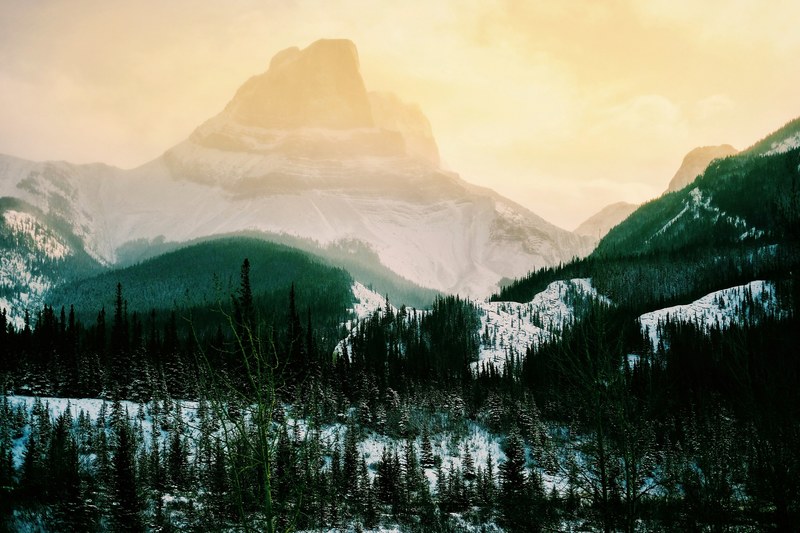 a tall snow covered mountain peak towering over wooded hills, coordinates 4k