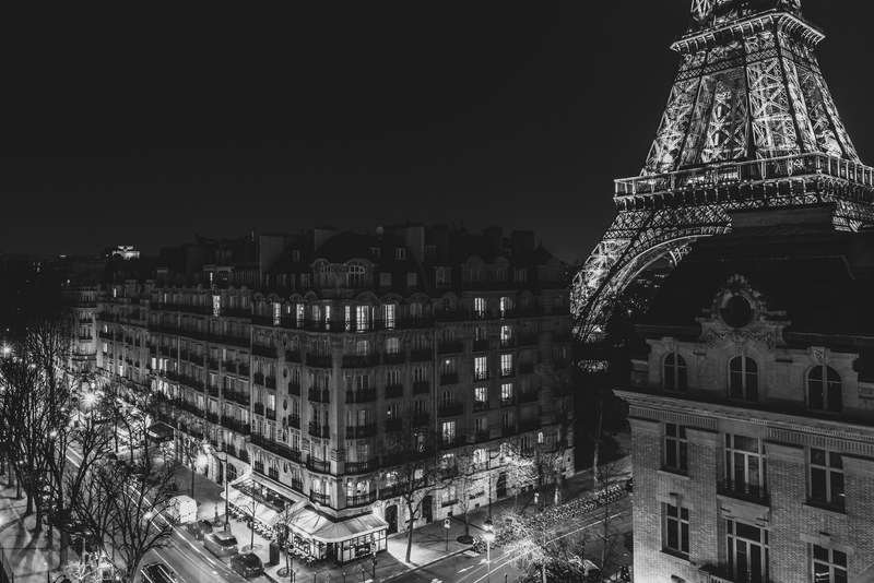 a black and white photo showing large buildings in france, _black white france picture 4k