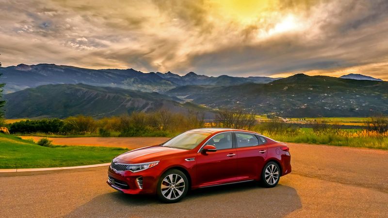 kia, optima, red, side view, mountains, 4k