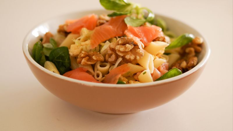 salad, pasta, meat, vegetables, 4k