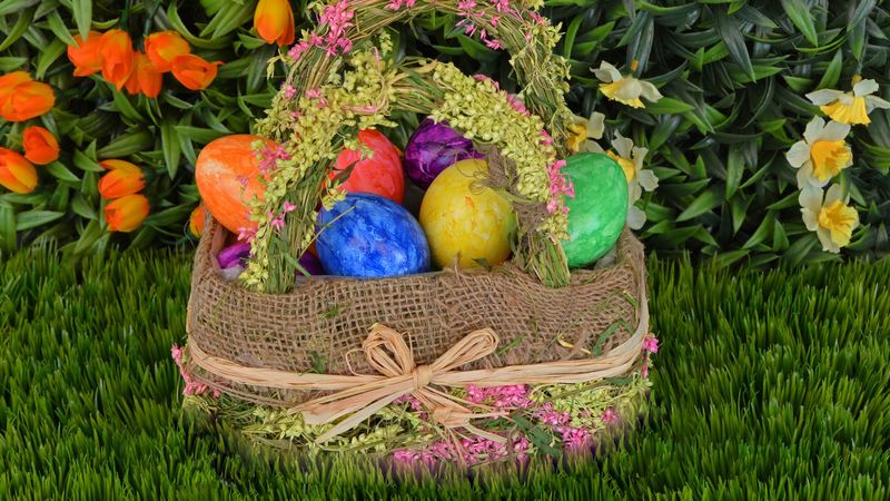 easter eggs, basket, easter, eggs, 4k