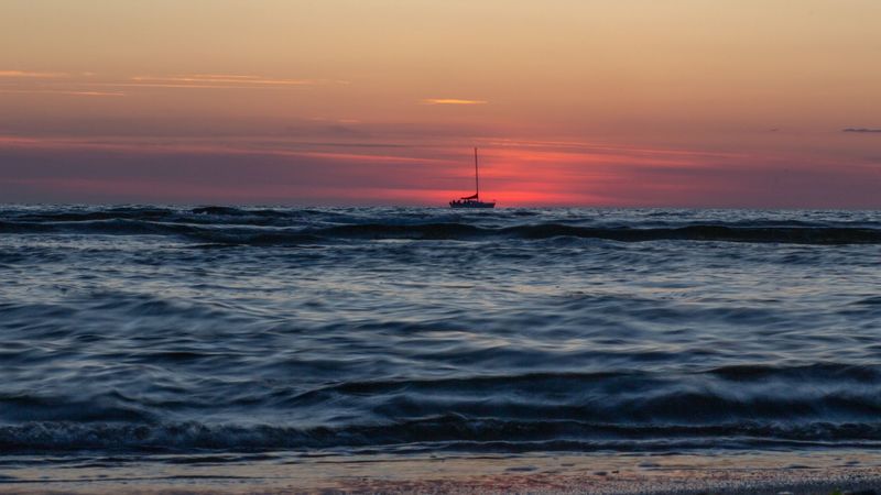 boat, horizon, sea, sunset, 4k