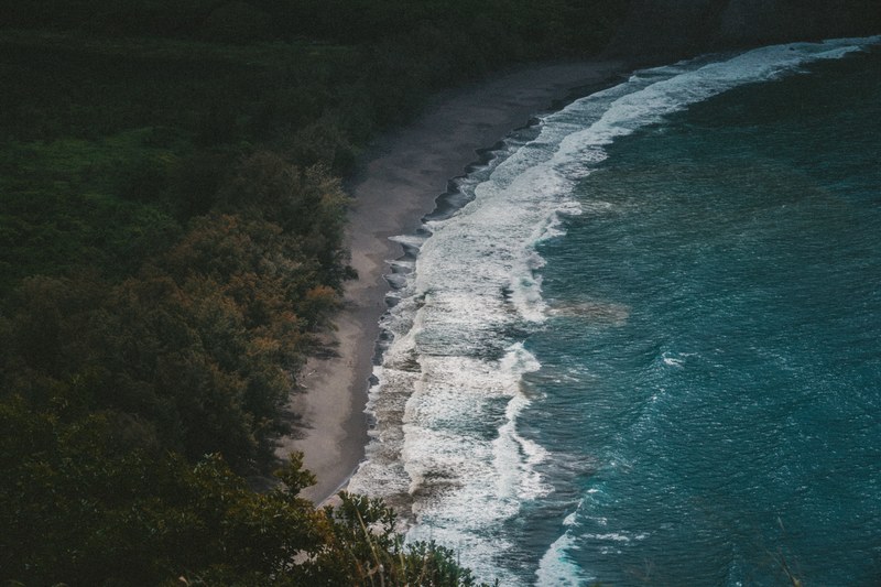 drone view of the waves washing on the sand beach by the forest, waipio 4k