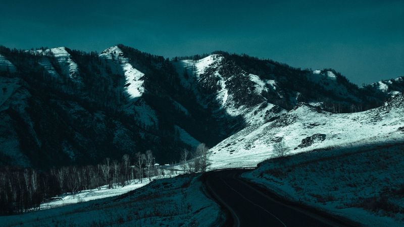 road, snow, mountains, snowy, 4k