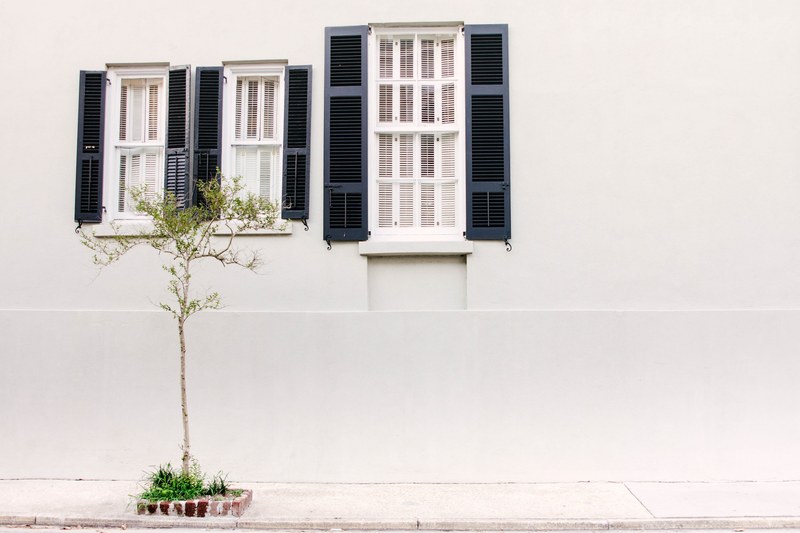 a white house with three windows that have blue shutters and a tree out front in charleston, charming 4k