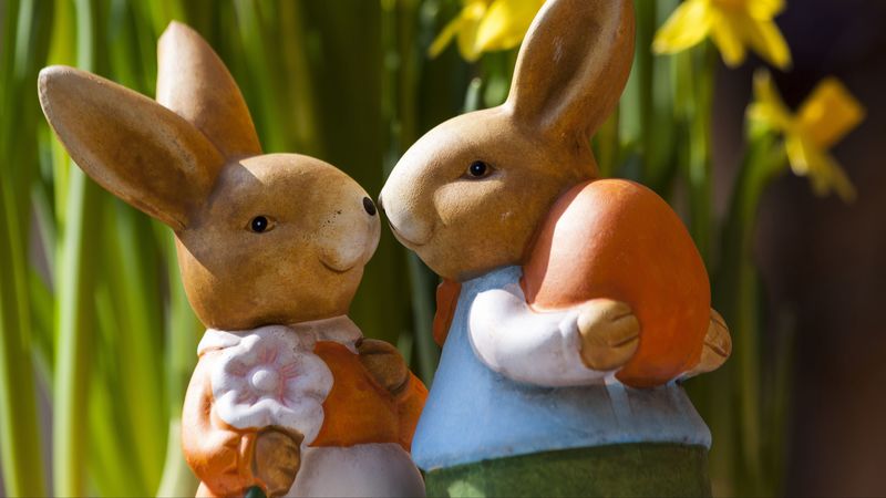 easter bunny, rabbits, flowers, 4k