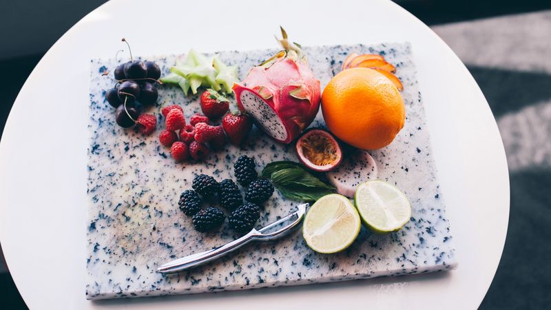 fruits, berries, cutting board, exotic, 4k