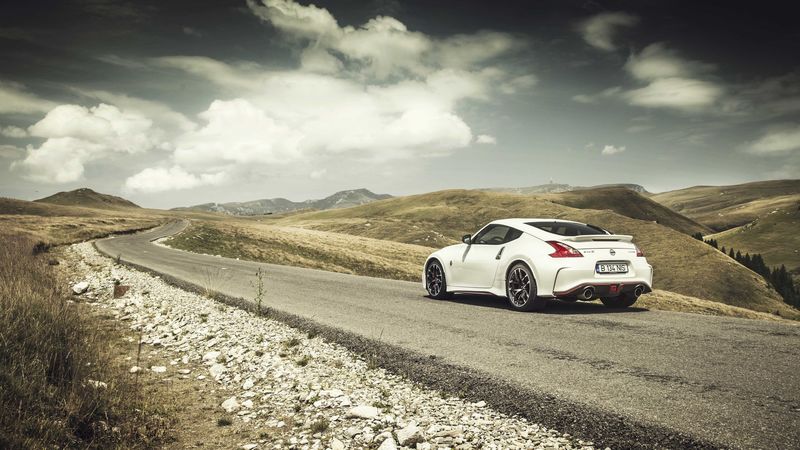 nissan, 370z, road, white, side view, 4k