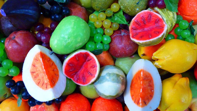 soaps, melon, peach, grapes, oranges, lemons, 4k