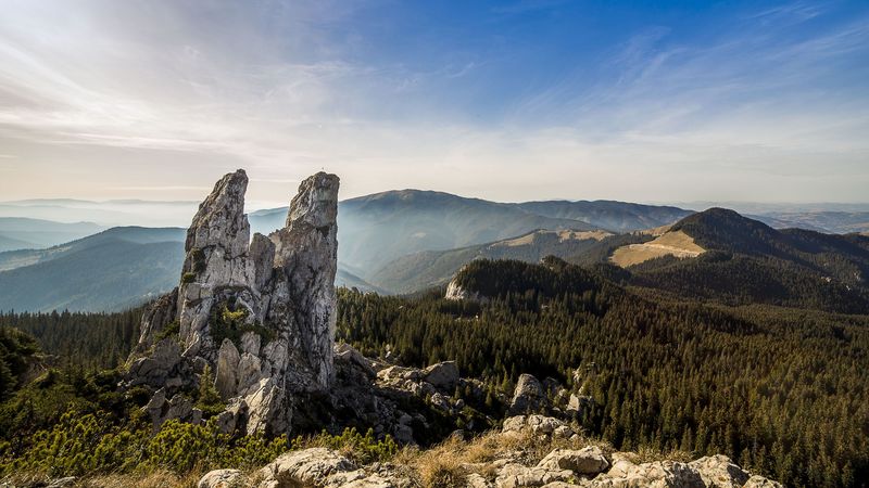 romania, mountains, rocks, sky, trees, 4k