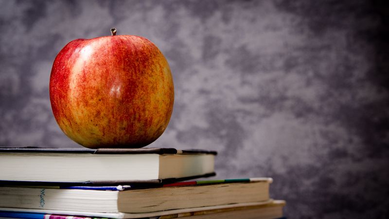 book, apple, fruit, 4k