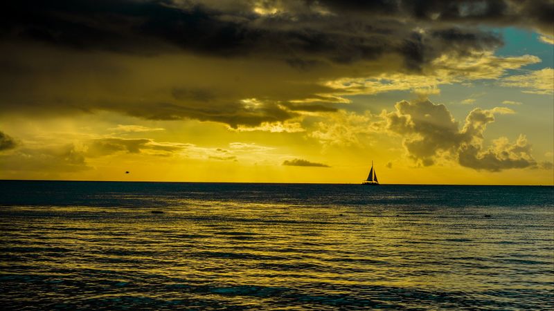 ship, sea, horizon, sunset, 4k