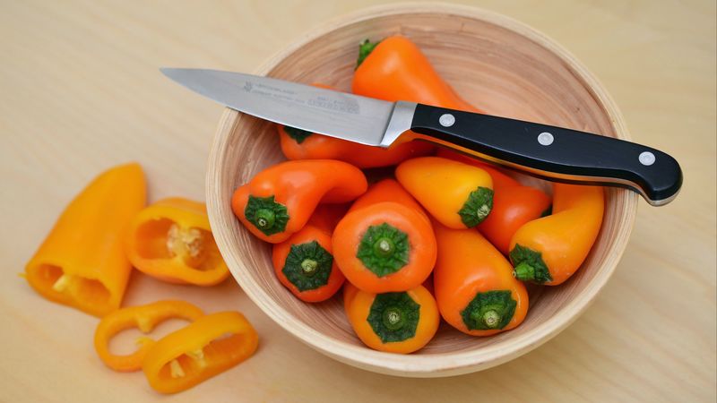pepper, knife, vegetables, 4k