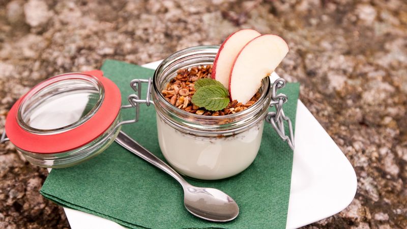 yogurt, dessert, apples, nuts, 4k