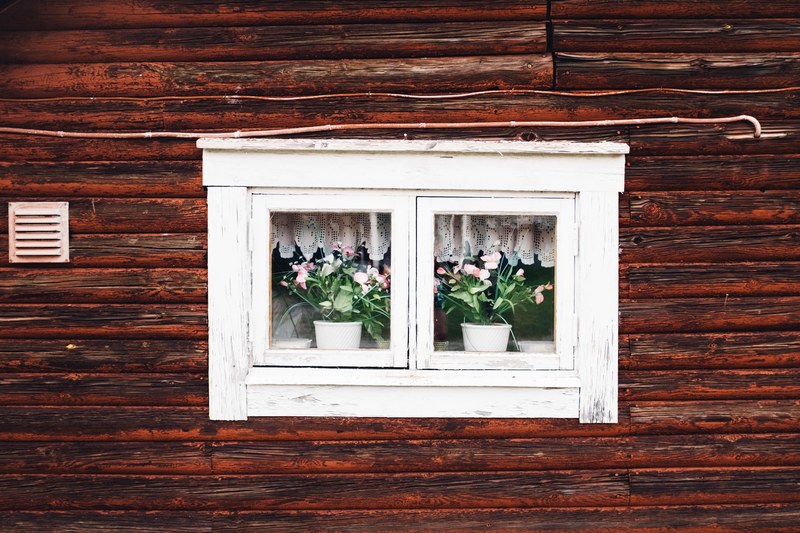 window curtains flowers and wooden house 4k