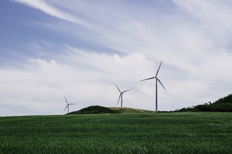 wind turbines create green energy in a lush pasture, windmills in a field 4k