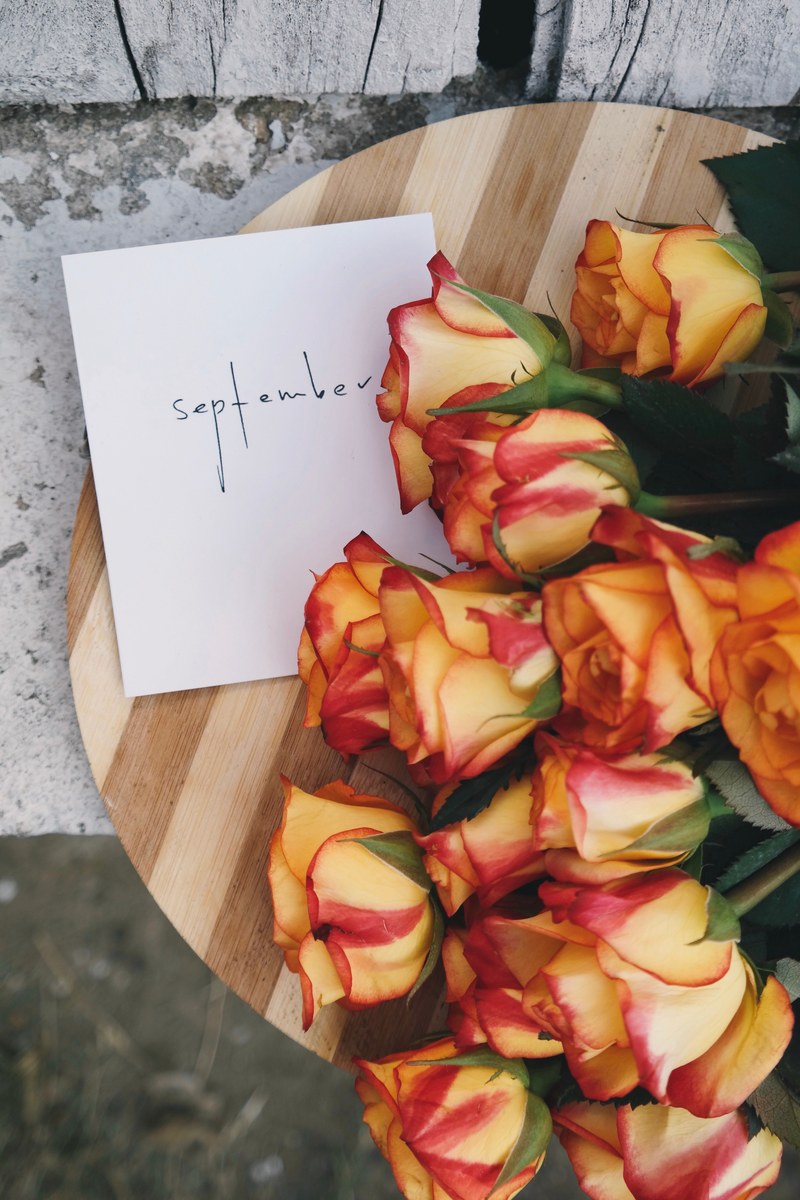 red and yellow flowers next to a note, _orange red flowers 4k