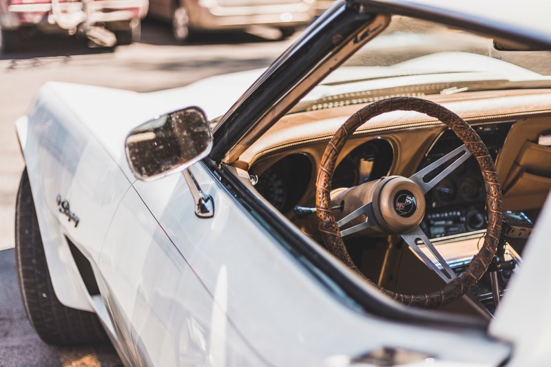 car vintage steering wheel and mirror 4k