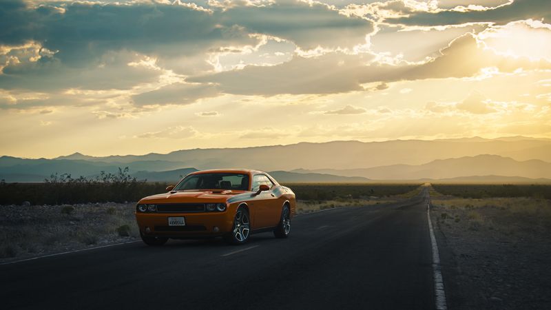 dodge, challenger, side view, road, 4k