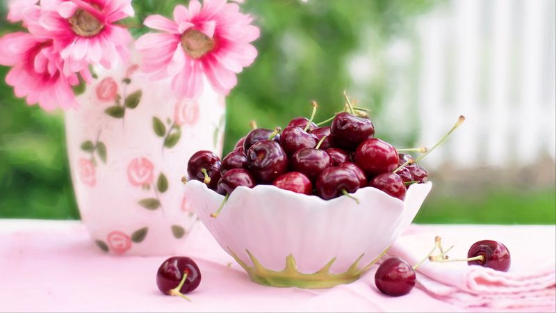 cherries, cherry, dish, flowers, 4k