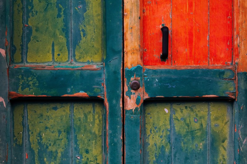wooden door red paint blue paint and green paint 4k