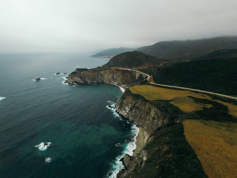 greenery on the rocky coastline of the oceans of big sur, big sur in fog 4k