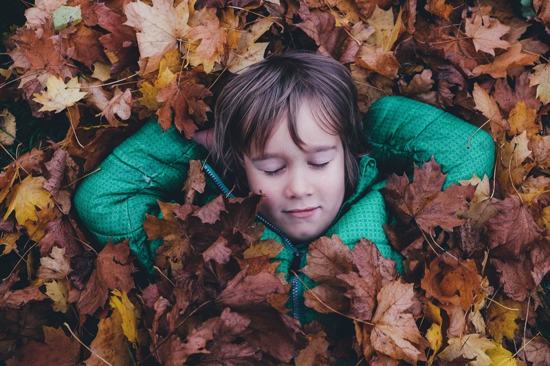 a child lying on the ground under a thick layer of autumn leaves, boy under a leaf blanket 4k