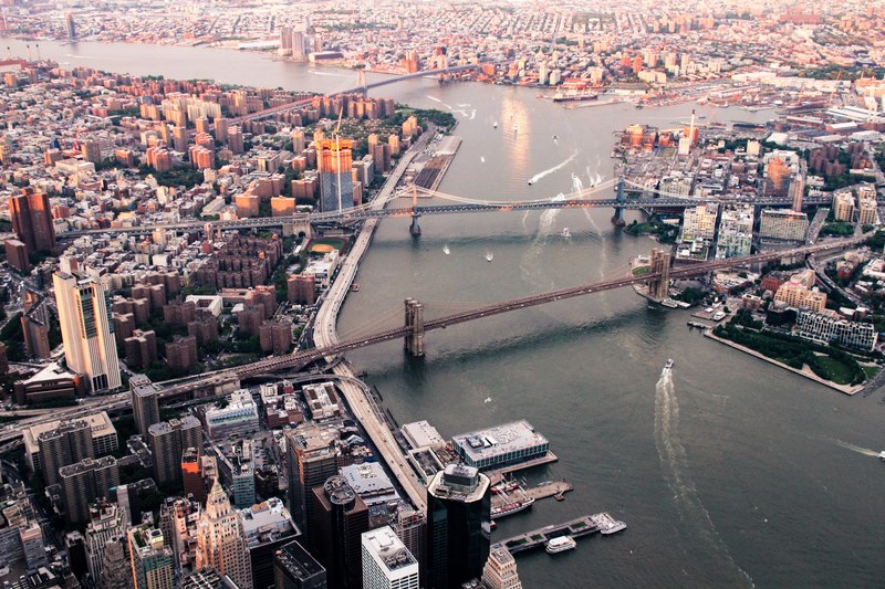 drone view of the brooklyn bridge and manhattan bridge in new york city, twin bridges 4k