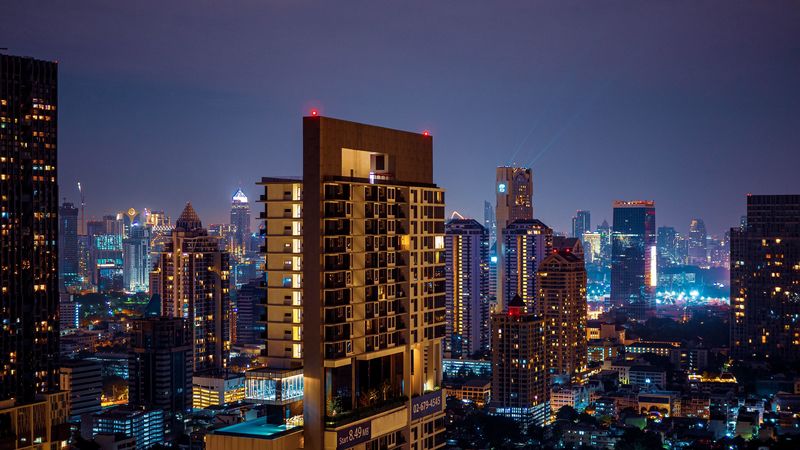 night city, lights, glow, buildings, 4k