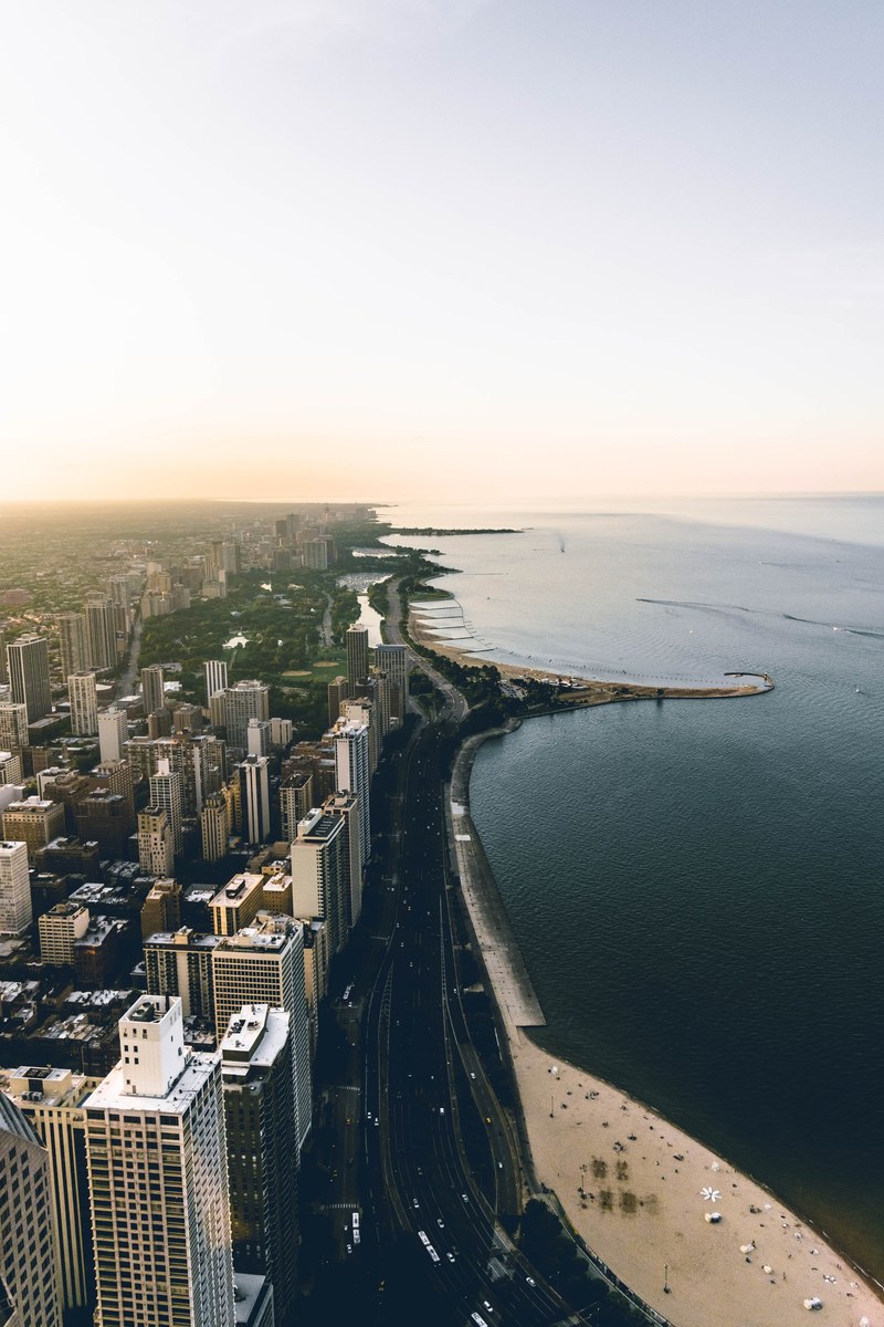 drone view of a chicago urban coastline, chicago shore 4k