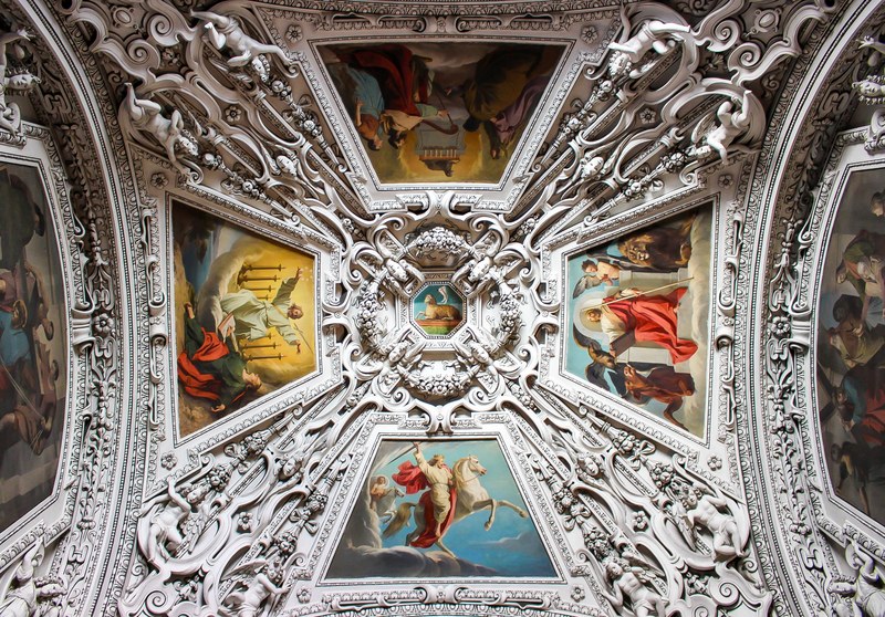 beautiful ornate ceiling in baroque style with pattern and religious art in salzburg, behold the lamb of god 4k