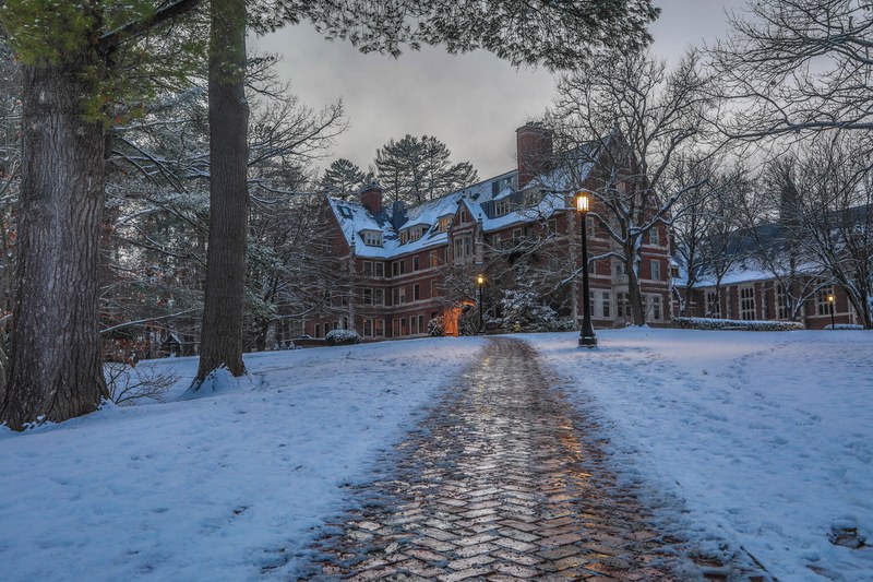 a walkway leading up to st_ pauls school in concord new hampshire, st pauls school in winter 4k