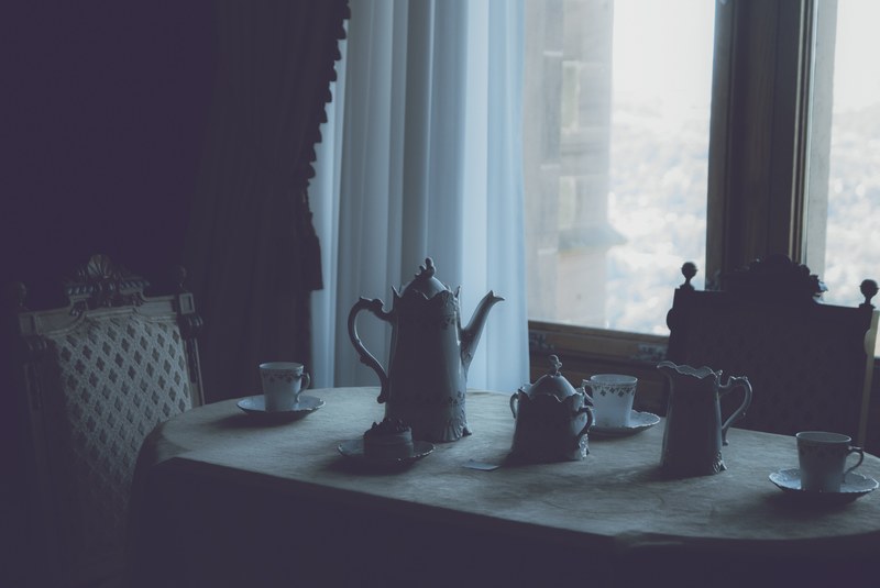 teapot window tea pot and curtain 4k