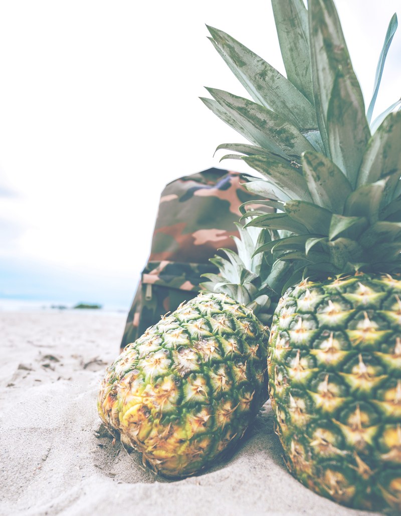 a pair of pineapples and a backpack on the beach, _pineapples and backpack 4k