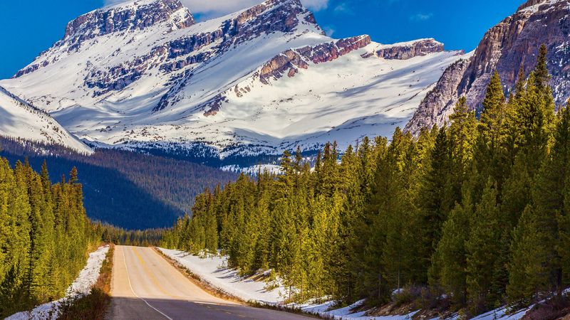 alberta, canada, banff national park, mountain, road, distance, snow, 4k