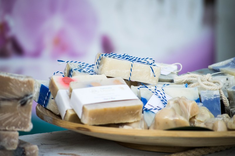 bars of handmade soap on a platter, hand crafted soap 4k