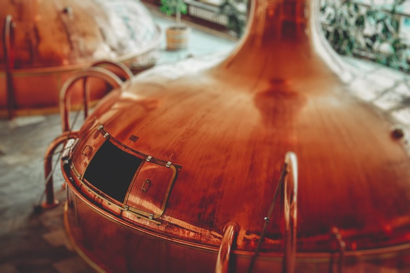 top view of a copper alcohol distillery in budjovick budvar nrodn podsednik, copper alcohol distillery 4k