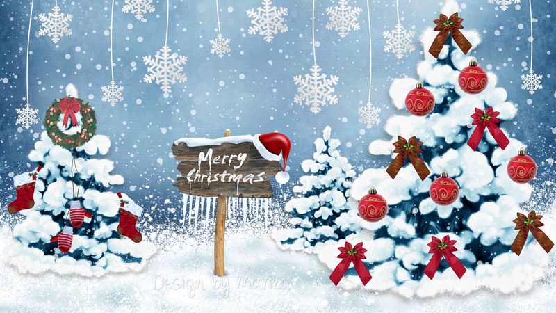 new year, christmas, card, christmas trees, snowflakes, ornaments, 4k