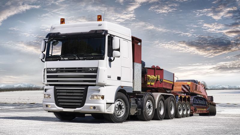 daf, xf105, truck, car, side view, trailer, excavator, 4k