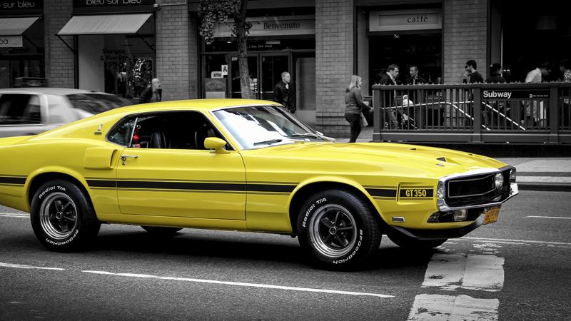 ford mustang, gt, muscle car, yellow, side view, 4k